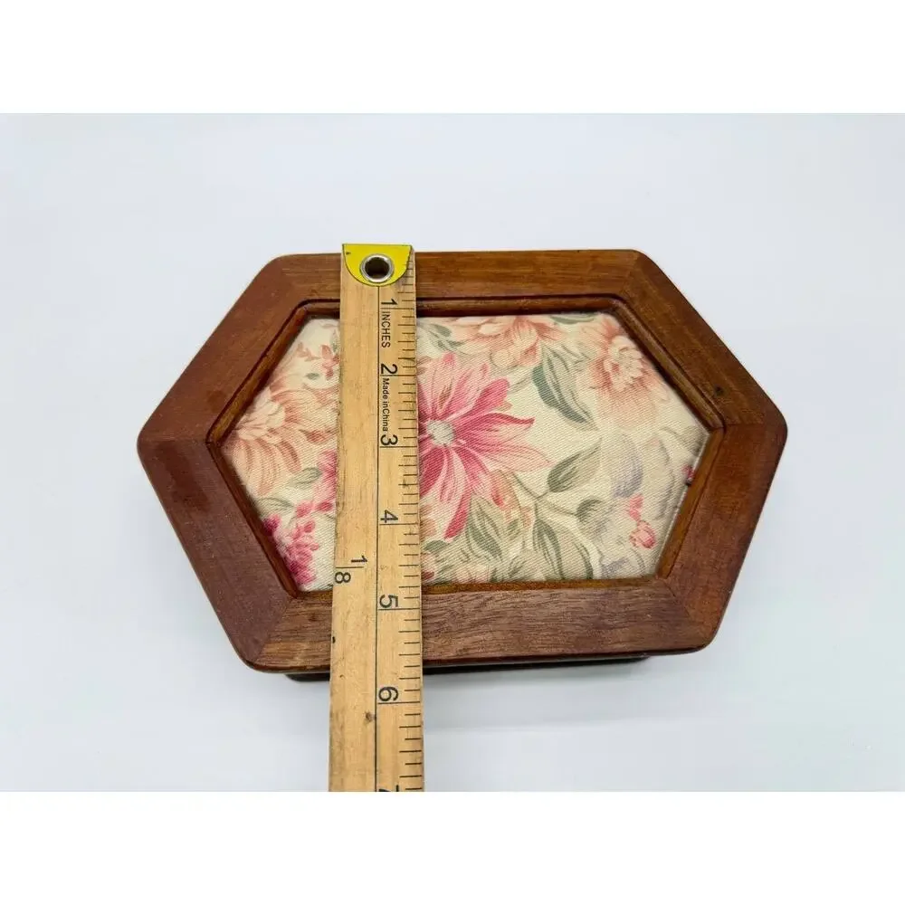 Vintage Wooden Jewelry Box Floral Fabric Lid Mirror Ring Storage Organizer